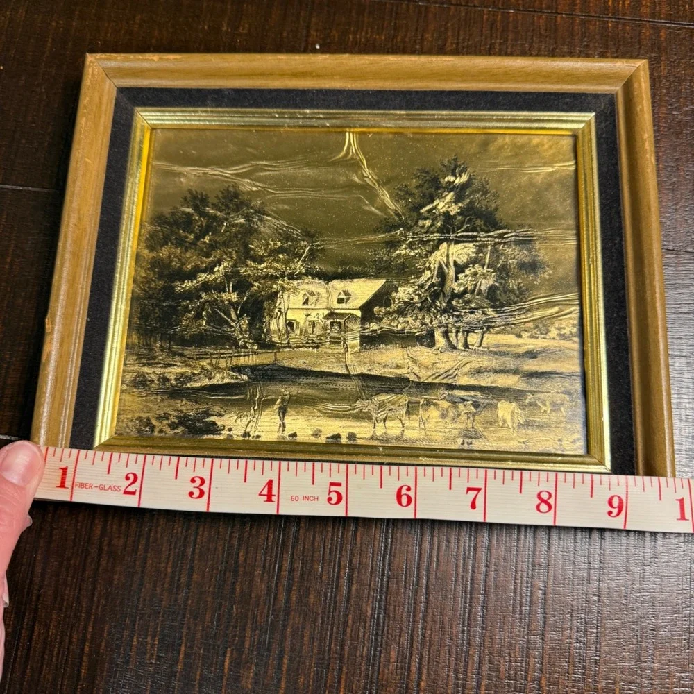 Vintage Currier & Ives Gold‎ Foil Etched Art Farmhouse Landscape Wood Frame 6x8